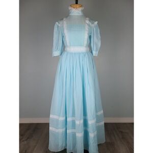 VTG 70's Handmade Formal Prairie Maxi Dress Blue Edwardian  Cottagecore Party